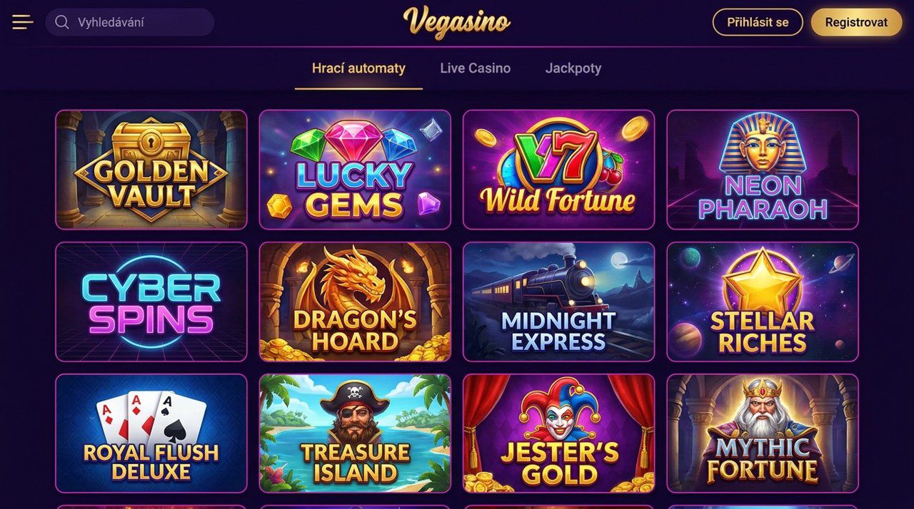 Úvodní stránka online casina Vegasino s kategoriemi her a nabídkou automatů