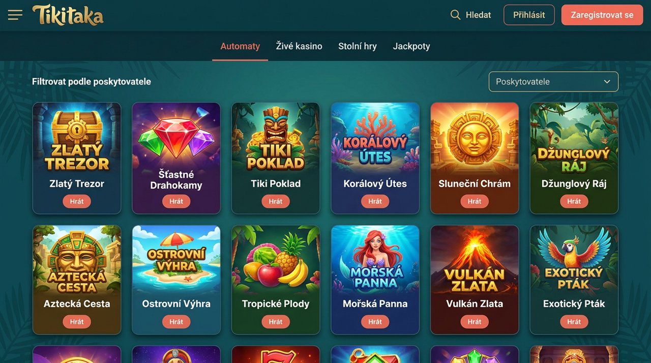Ukázka herní lobby online casina Tikitaka s kategoriemi automatů, živého casina a jackpotů