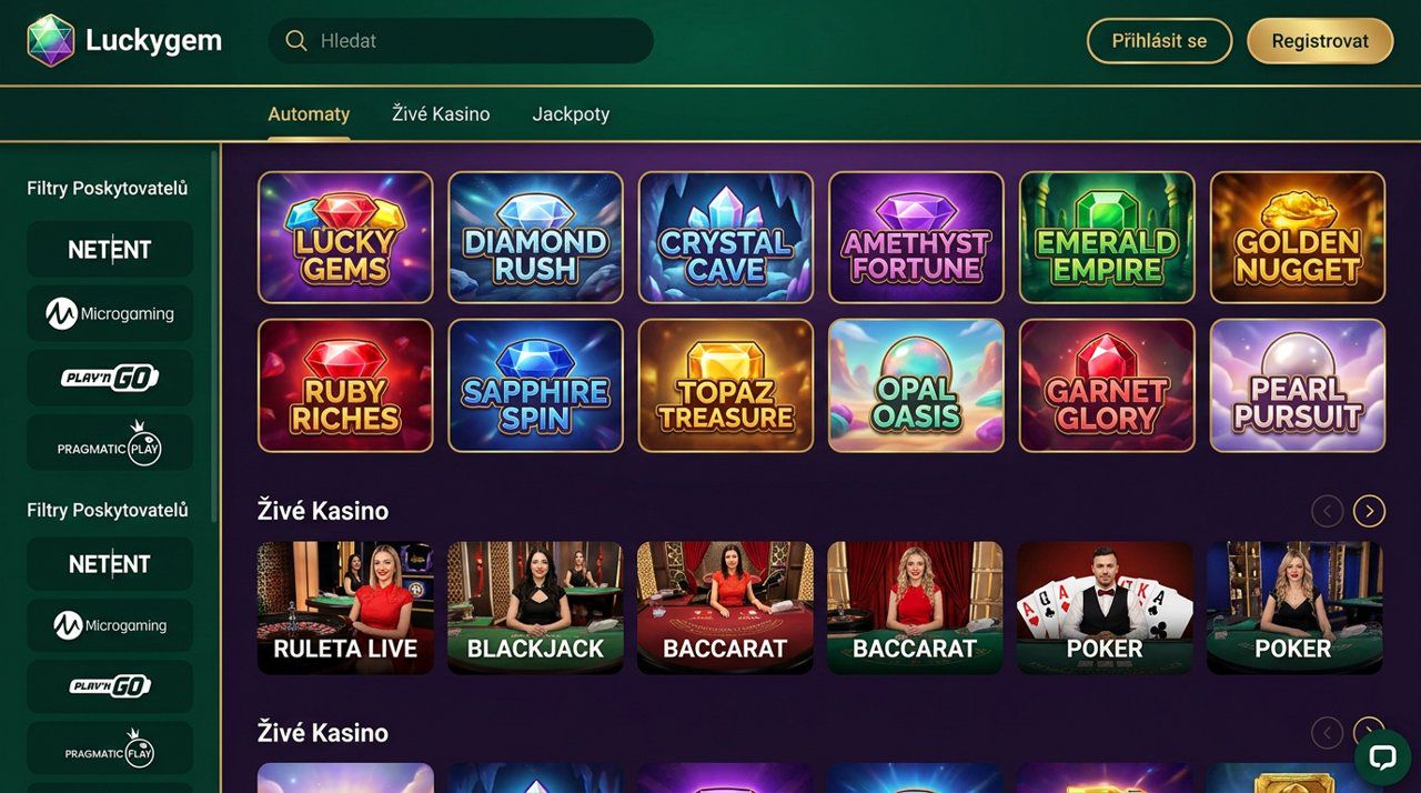 Ukázka hlavní stránky online casina Luckygem s nabídkou automatů a živého kasina
