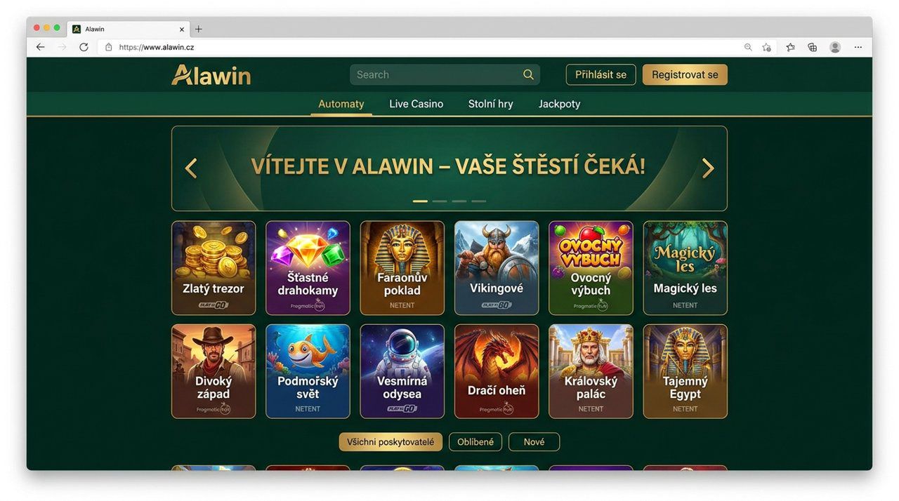 Úvodní stránka online casina Alawin s nabídkou automatů, živého kasina a stolních her