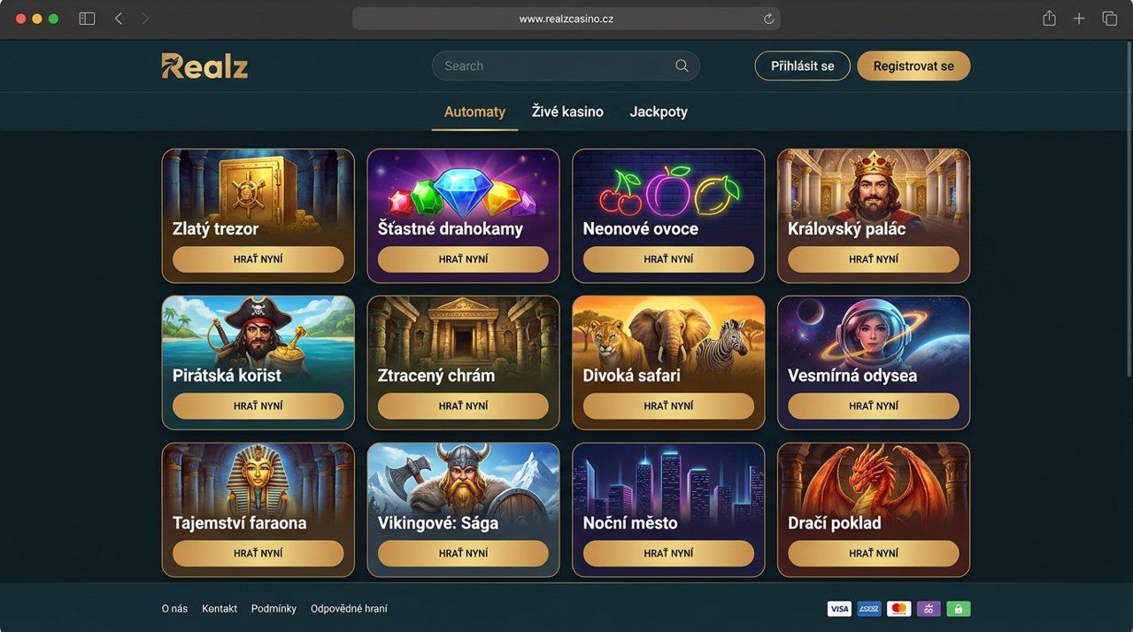 Úvodní stránka online casina Realz s nabídkou automatů a kategoriemi her
