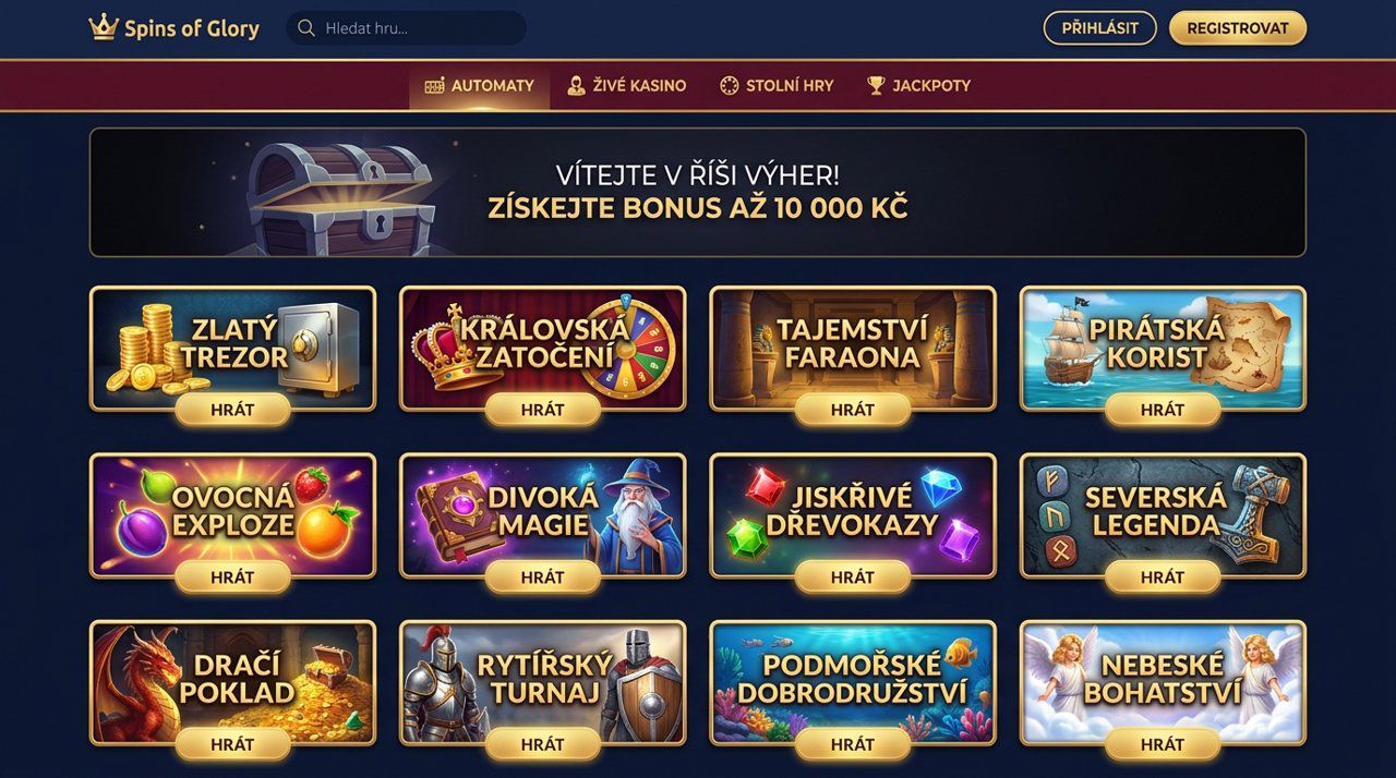 Úvodní stránka online casina Spins of Glory s nabídkou automatů a živého casina